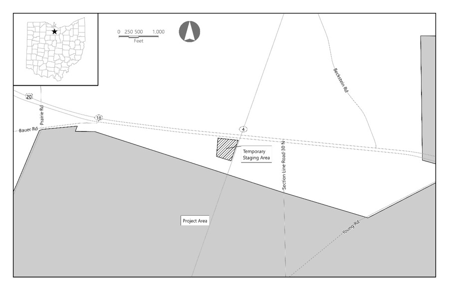 Map showing a project area shaded in grey, a hatched temporary staging area near Section Line Road 30 N, and surrounding roads including Bauer Rd, Prairie Rd, Backstein Rd, and Young Rd, with a small inset map of Ohio highlighting the location with a star.