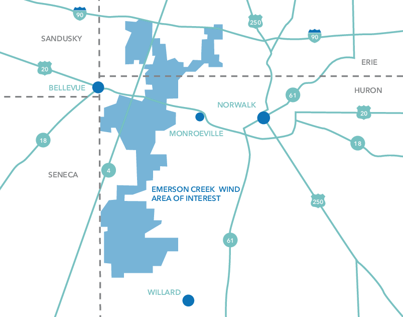 Map showing the Emerson Creek Wind Area of Interest highlighted in blue, spanning parts of northwest Ohio with nearby towns Bellevue, Monroeville, Norwalk, and Willard. Major roads and highways including Routes 20, 18, 4, 61, 90, and 250 are marked, along with county names Sandusky, Seneca, Erie, and Huron.