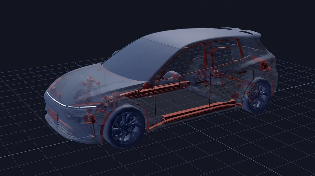 X-ray view of the prepared geometry showing internal structure beneath the body panels