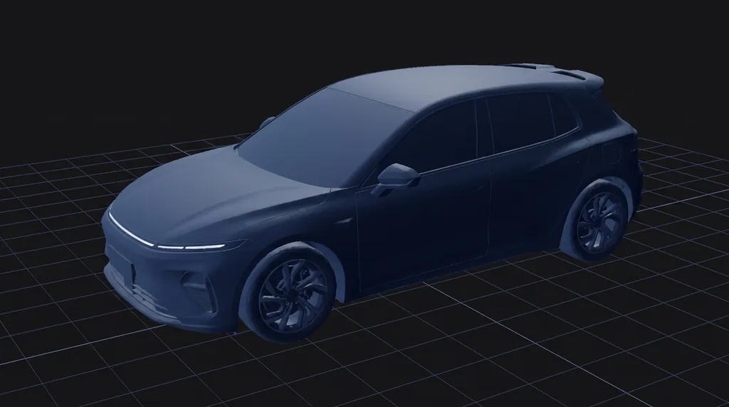 Raw production CAD skin of a hatchback concept, the untreated geometry GeometryAI starts from