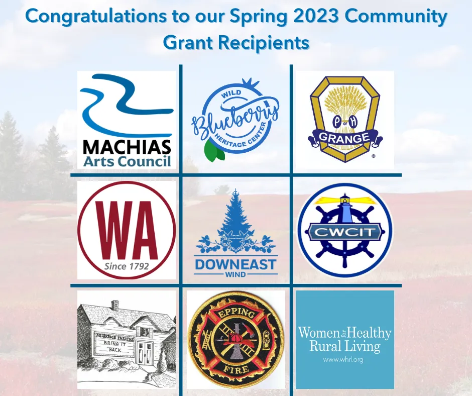 Grid of nine logos for Spring 2023 community grant recipients including Machias Arts Council and Epping Fire.