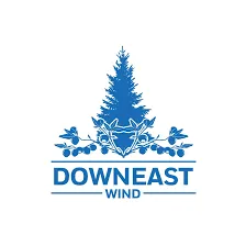 Downeast Wind logo featuring a stylized pine tree with two loons facing each other among branches and berries above the company name in blue.