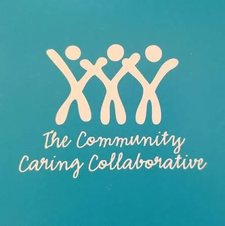 Logo with three abstract human figures holding hands and raising arms above the text 'The Community Caring Collaborative' on a teal background.
