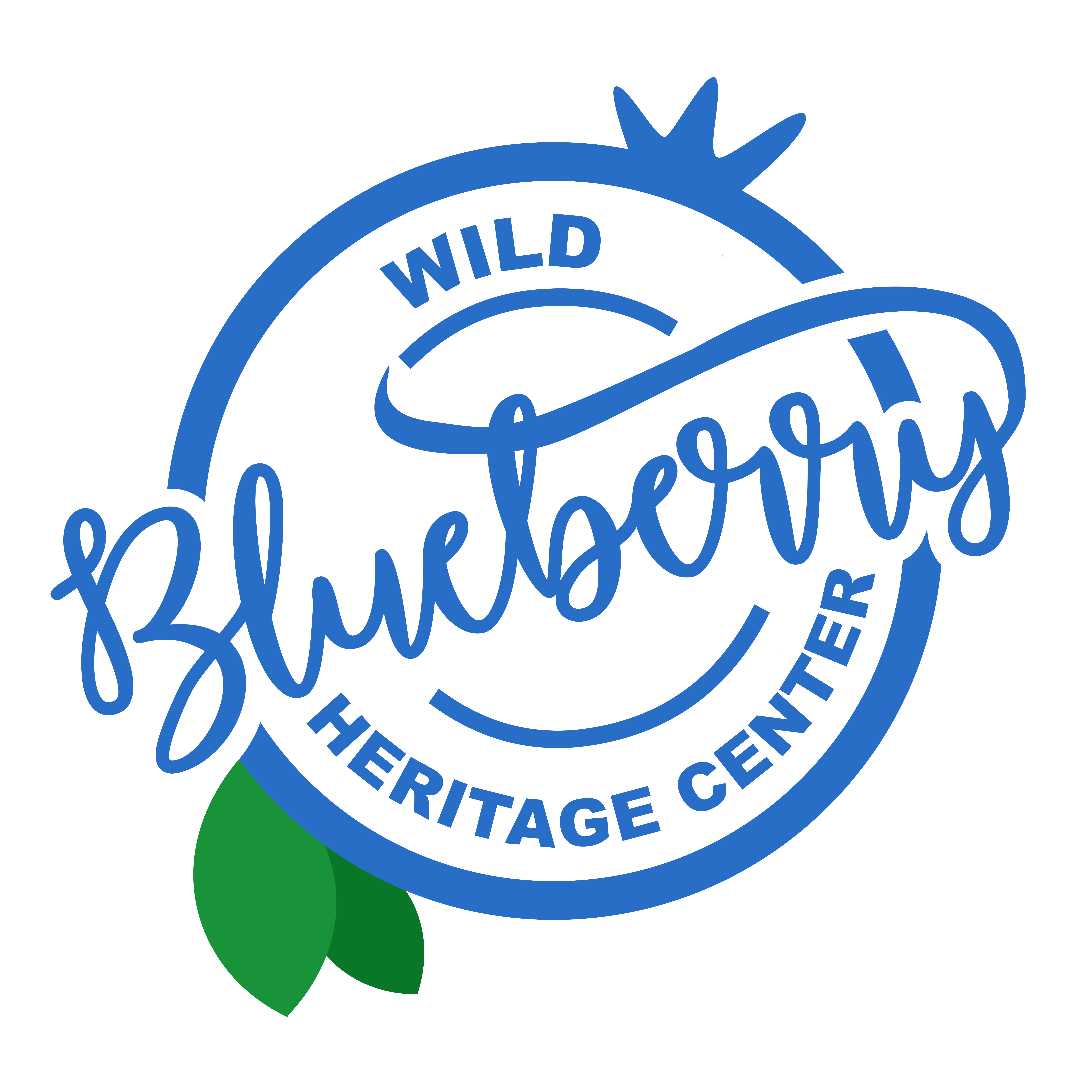 Logo with a stylized blue blueberry outline and green leaves, featuring the text 'Wild Blueberry Heritage Center' with 'Blueberry' in cursive script across the center.
