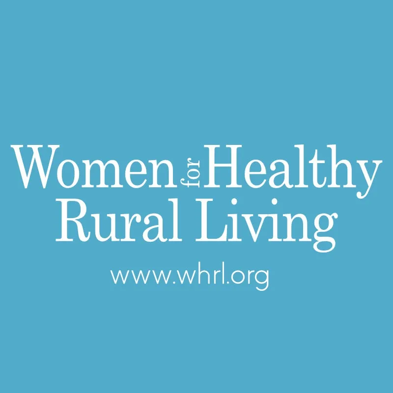 Logo for Women for Healthy Rural Living with the website www.whrl.org on a blue background.