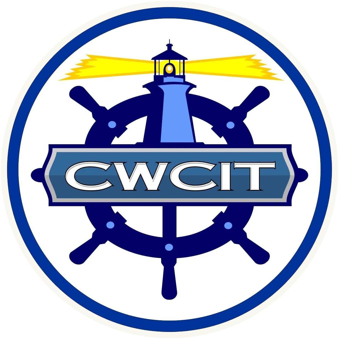 Logo featuring a blue lighthouse with a yellow light beam at the top center of a dark blue ship's wheel; a blue banner across the wheel displays the white text 'CWCIT'.