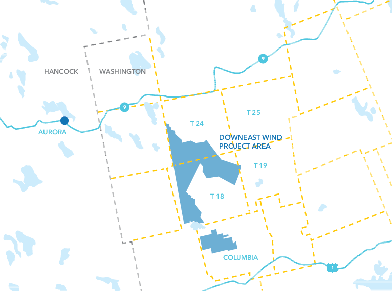 Map showing the Downeast Wind Project Area spanning sections T24, T18, and part of T19, near Aurora in Hancock County and parts of Washington and Columbia Counties marked with dashed yellow boundary lines and blue solid shapes.
