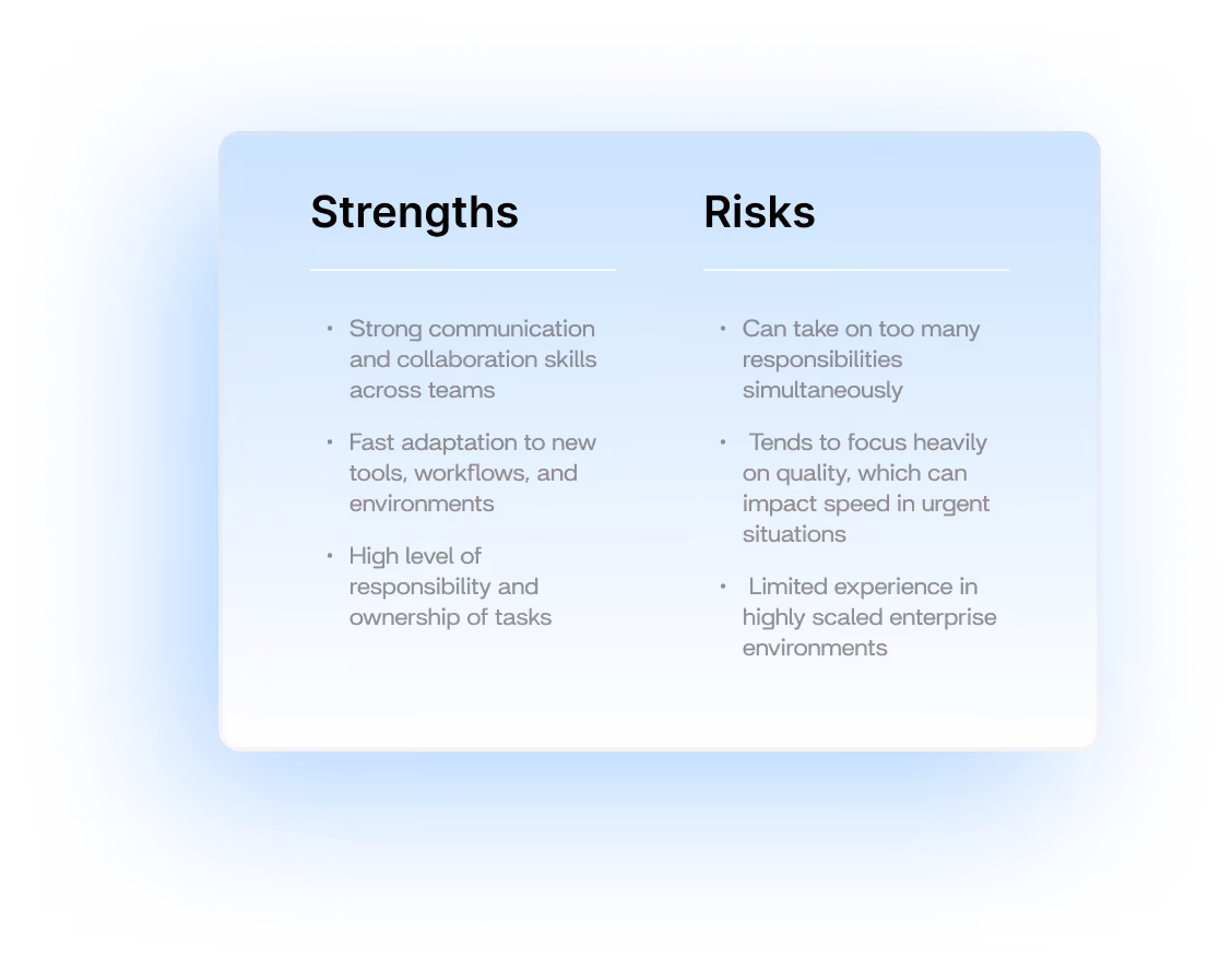 Example candidate assessment showing strengths and risks