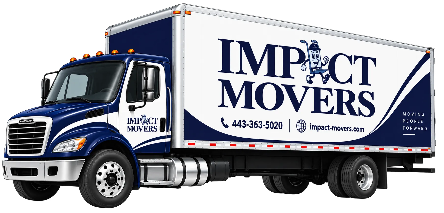 Blue and white moving truck with Impact Movers branding, phone number 443-363-5020, website impact-movers.com, and slogan 'Moving People Forward' on the side.