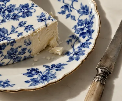 Wedge of cheese with a blue floral rind on a matching plate beside a vintage knife.