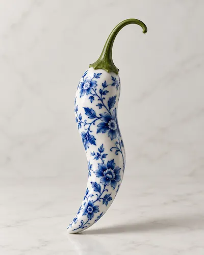 White chilli pepper with a blue floral pattern standing on a marble surface.