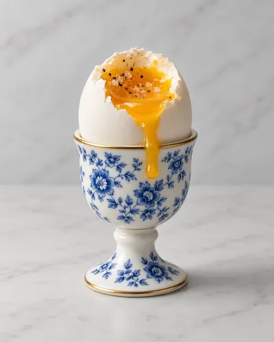 Soft-boiled egg with runny yolk in a blue floral porcelain egg cup.