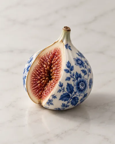 Cut fig with a blue floral pattern on its skin, standing on marble.