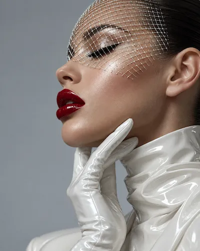 Side portrait of a model wearing a fine mesh veil, white gloves and red lipstick.