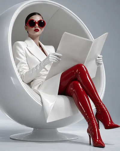 Model in red sunglasses and boots seated in a white chair, holding an open book.