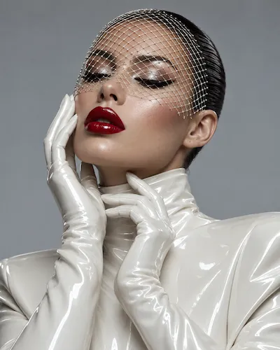 Portrait of a model in a mesh veil and glossy white outfit, with gloved hands framing her face.