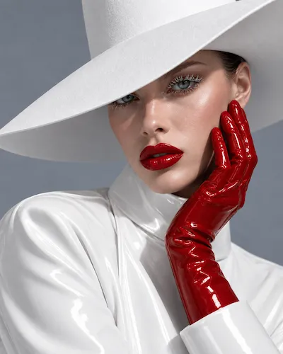 Close portrait of a model in a white hat and red glove against a grey background.