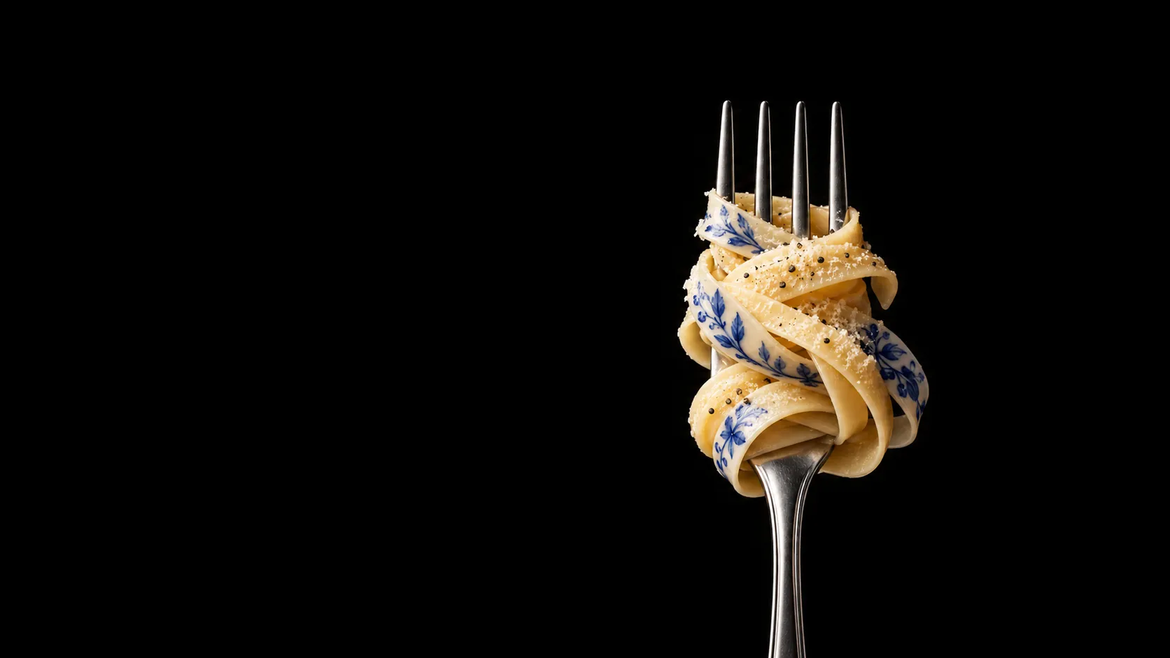 Pasta with blue floral patterns twisted around a fork against a black background.