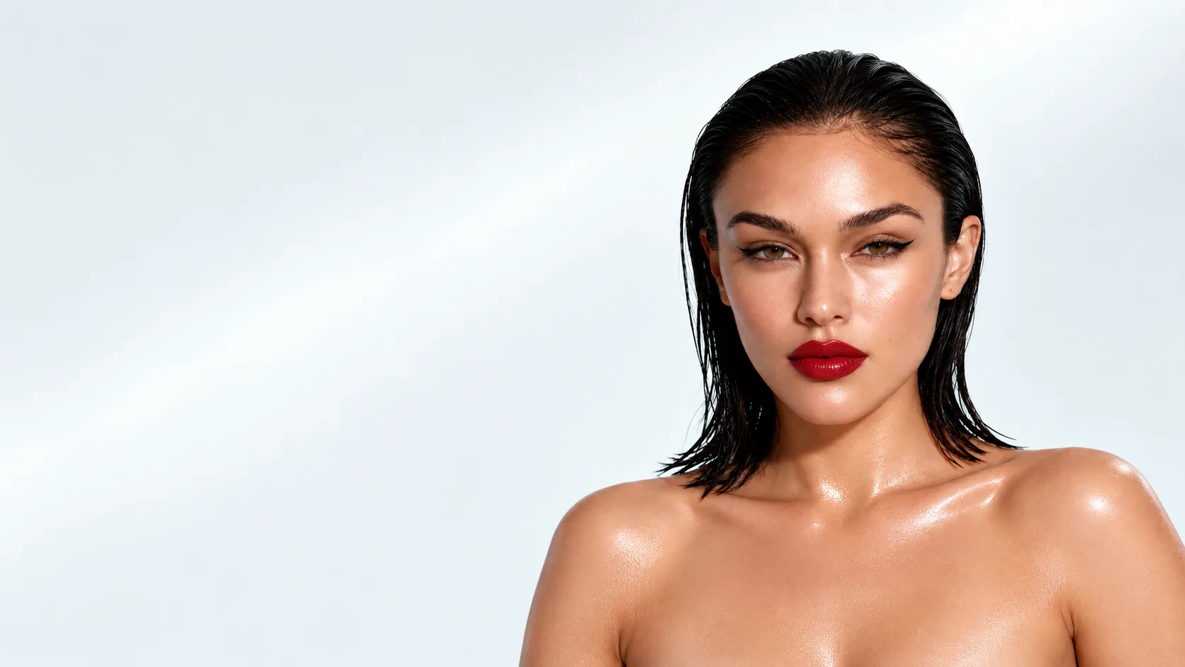 Front-facing beauty portrait of a woman with wet dark hair, luminous skin and red lips.