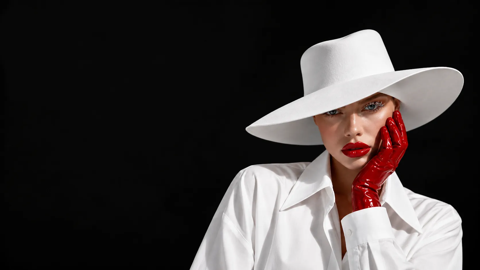 Model in a wide-brimmed white hat and shirt, with a red glove against a black background.