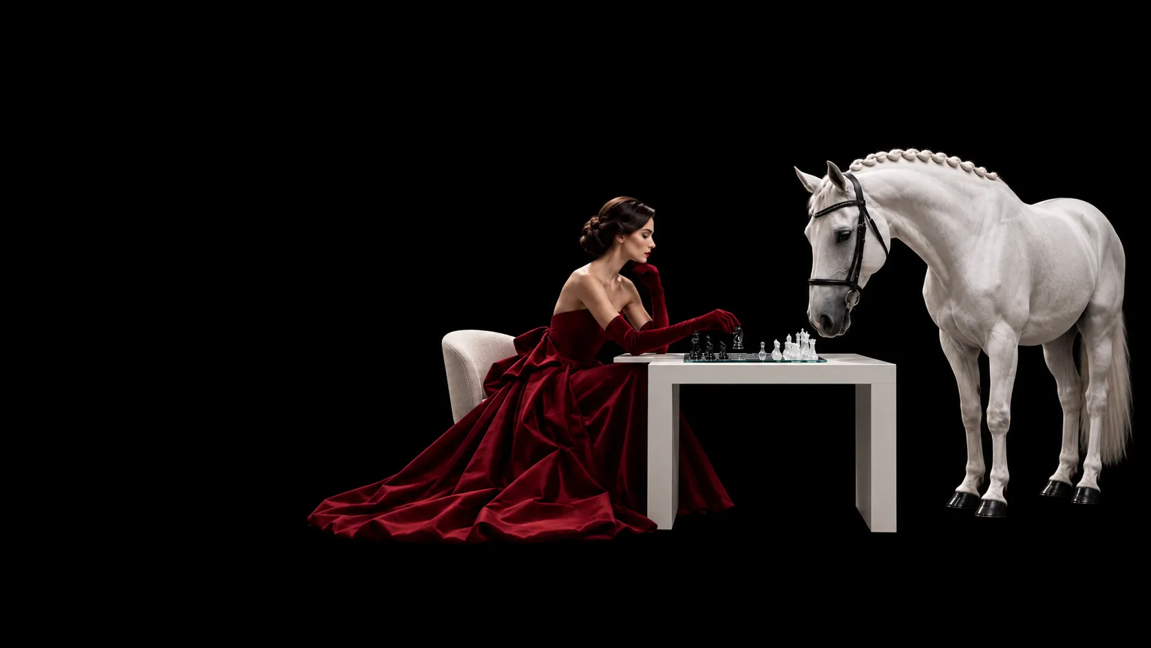 Woman in a burgundy gown playing chess beside a white horse against a black background.