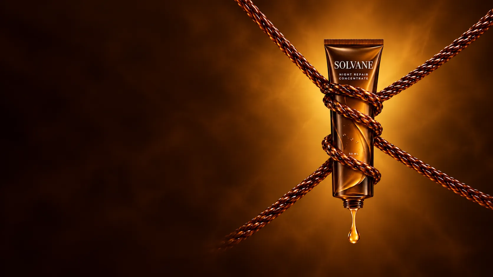 Solvane Night Repair Concentrate tube wrapped in braided rope, with a drop of amber serum below.