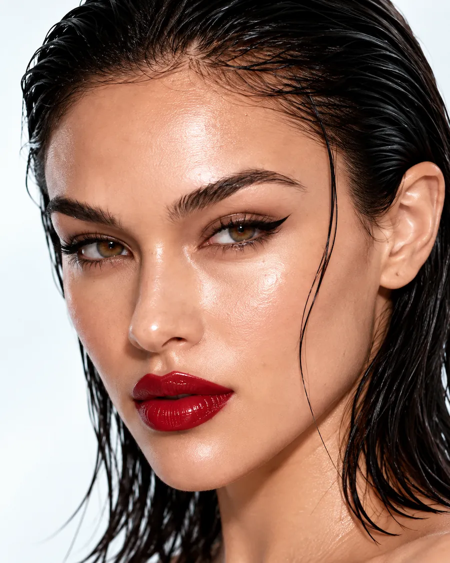 Close beauty portrait showing wet hair, winged eyeliner and glossy red lips.