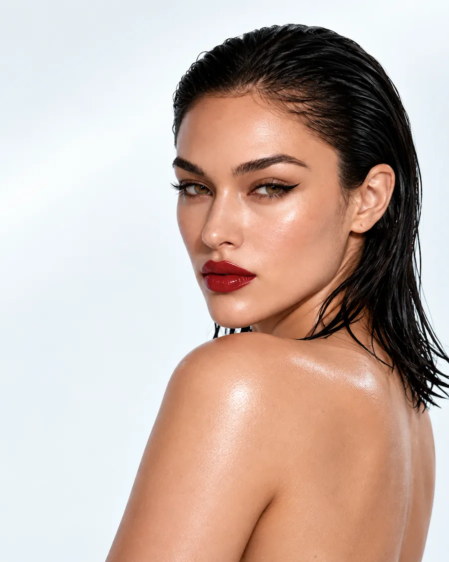 Woman looking over her bare shoulder, with wet dark hair and red lips.