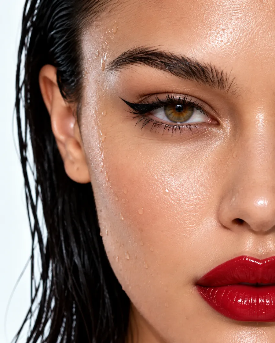 Extreme close-up of one eye, water droplets on skin and red lips.