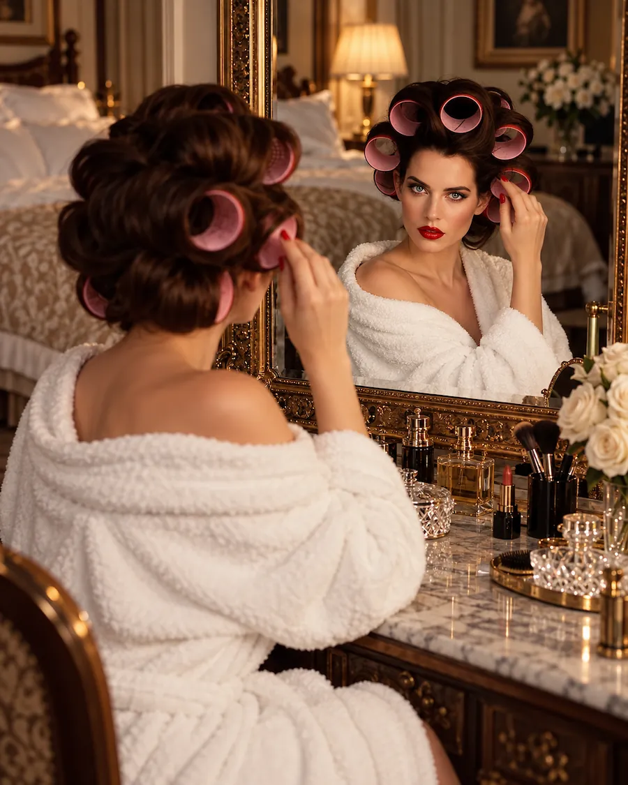 Woman in hair rollers adjusting her hair in an ornate hotel room mirror.