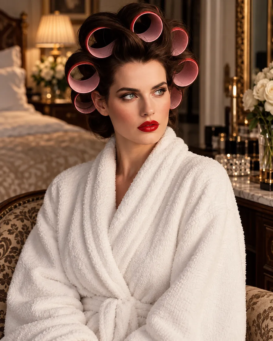 Portrait of a woman in a white bathrobe and pink hair rollers seated in a hotel room.