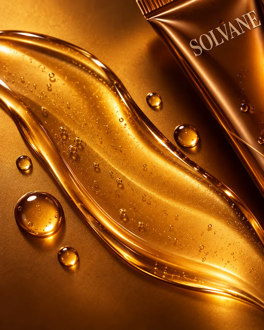 Close-up of amber serum and droplets beside Solvane packaging.