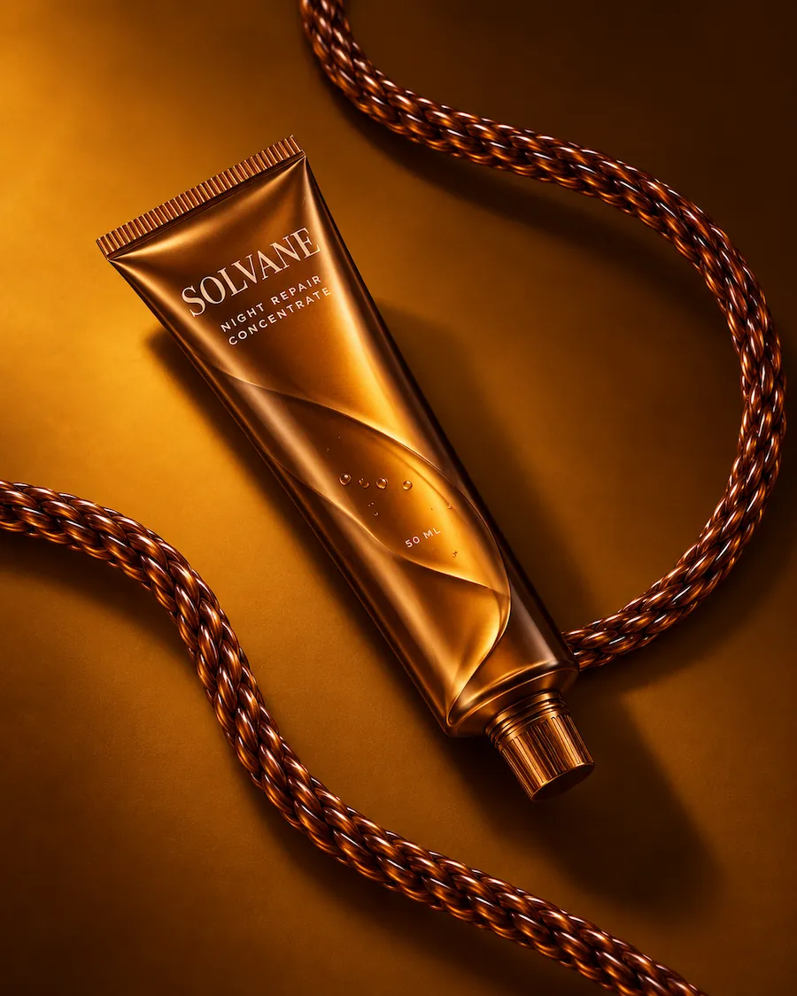 Bronze Solvane concentrate tube lying between lengths of braided rope.