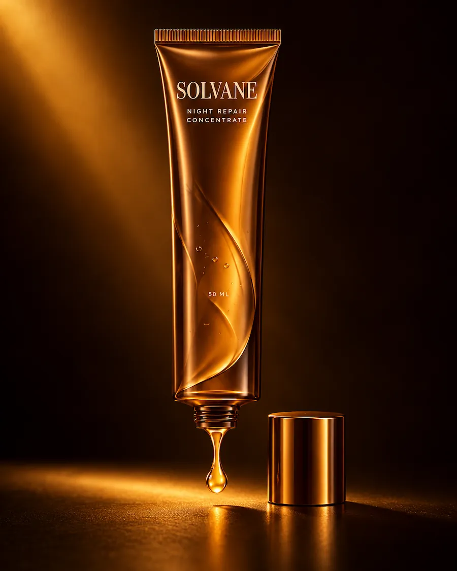 Solvane concentrate tube dispensing a drop of serum beside its bronze cap.