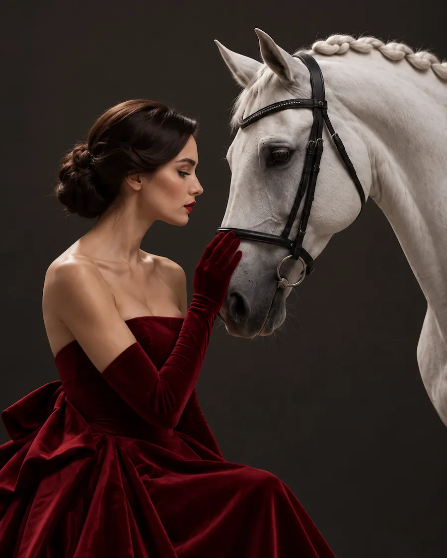 Woman in a burgundy gown gently touching the face of a white horse.