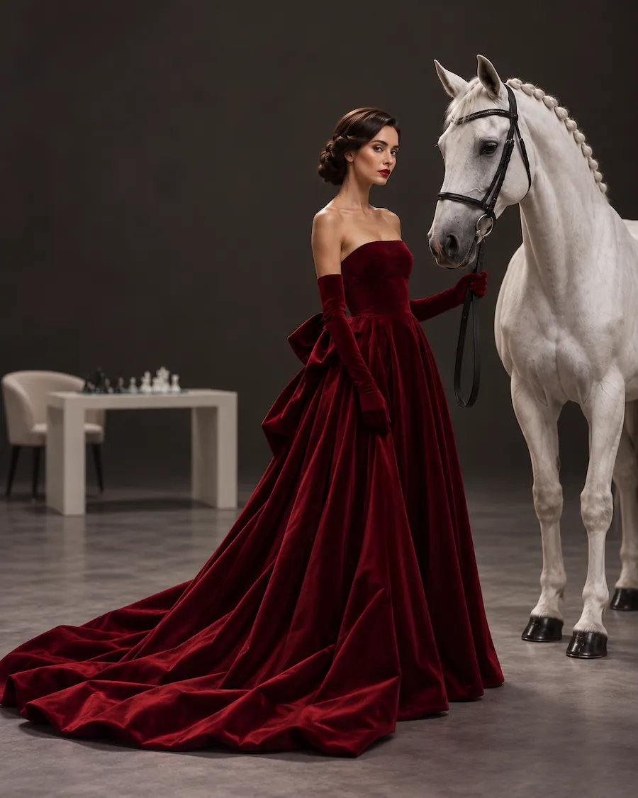 Woman in a long burgundy gown standing beside a white horse in a studio.