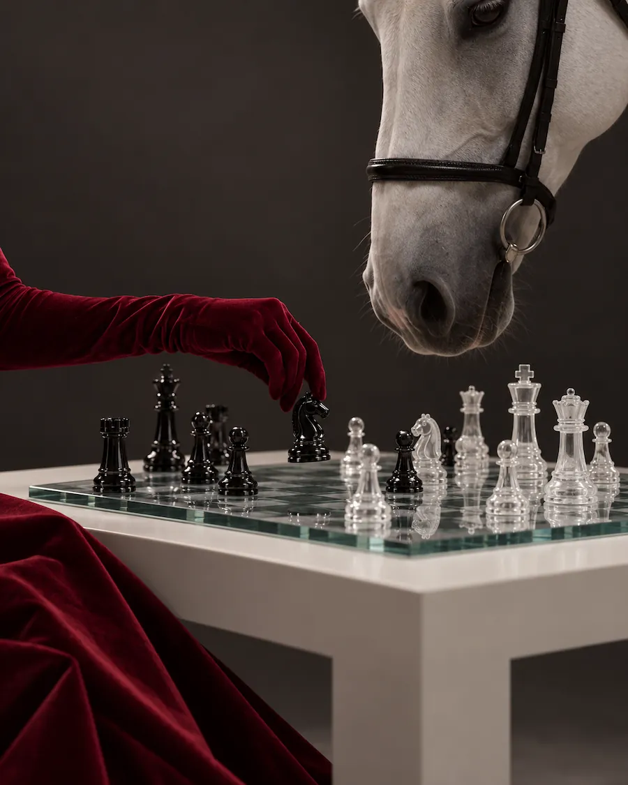 Burgundy-gloved hand moving a chess piece while a white horse looks on.