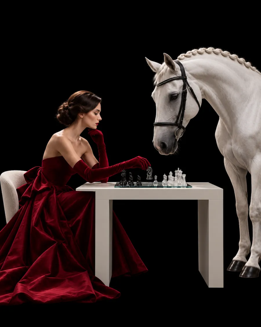 Woman in a burgundy gown playing chess beside a white horse against a black background.