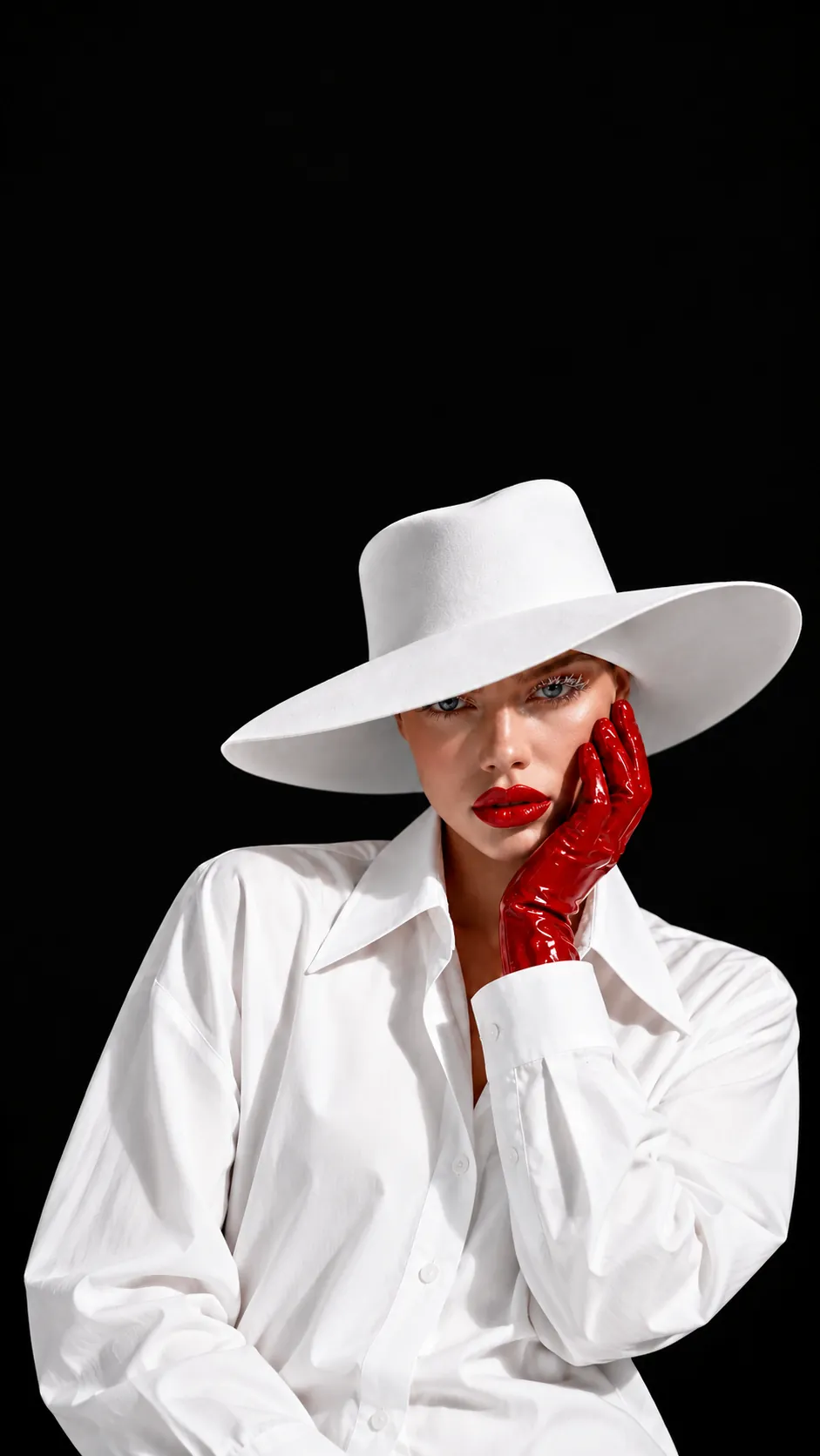 Model in a wide-brimmed white hat and shirt, with a red glove against a black background.