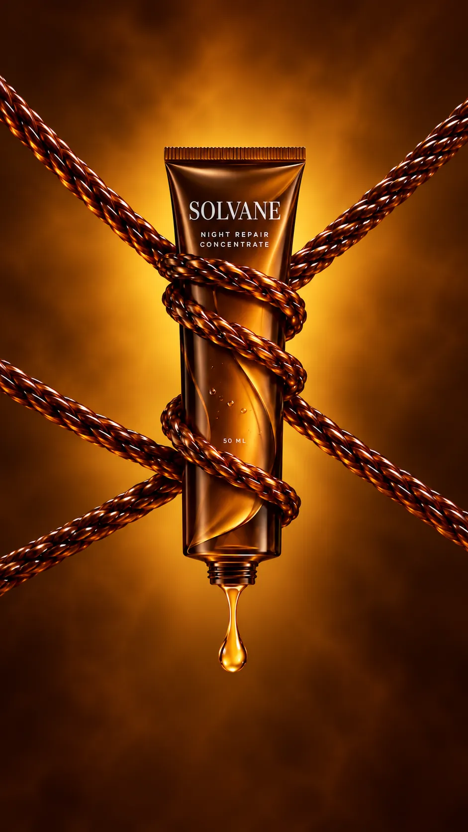 Solvane Night Repair Concentrate tube wrapped in braided rope, with a drop of amber serum below.
