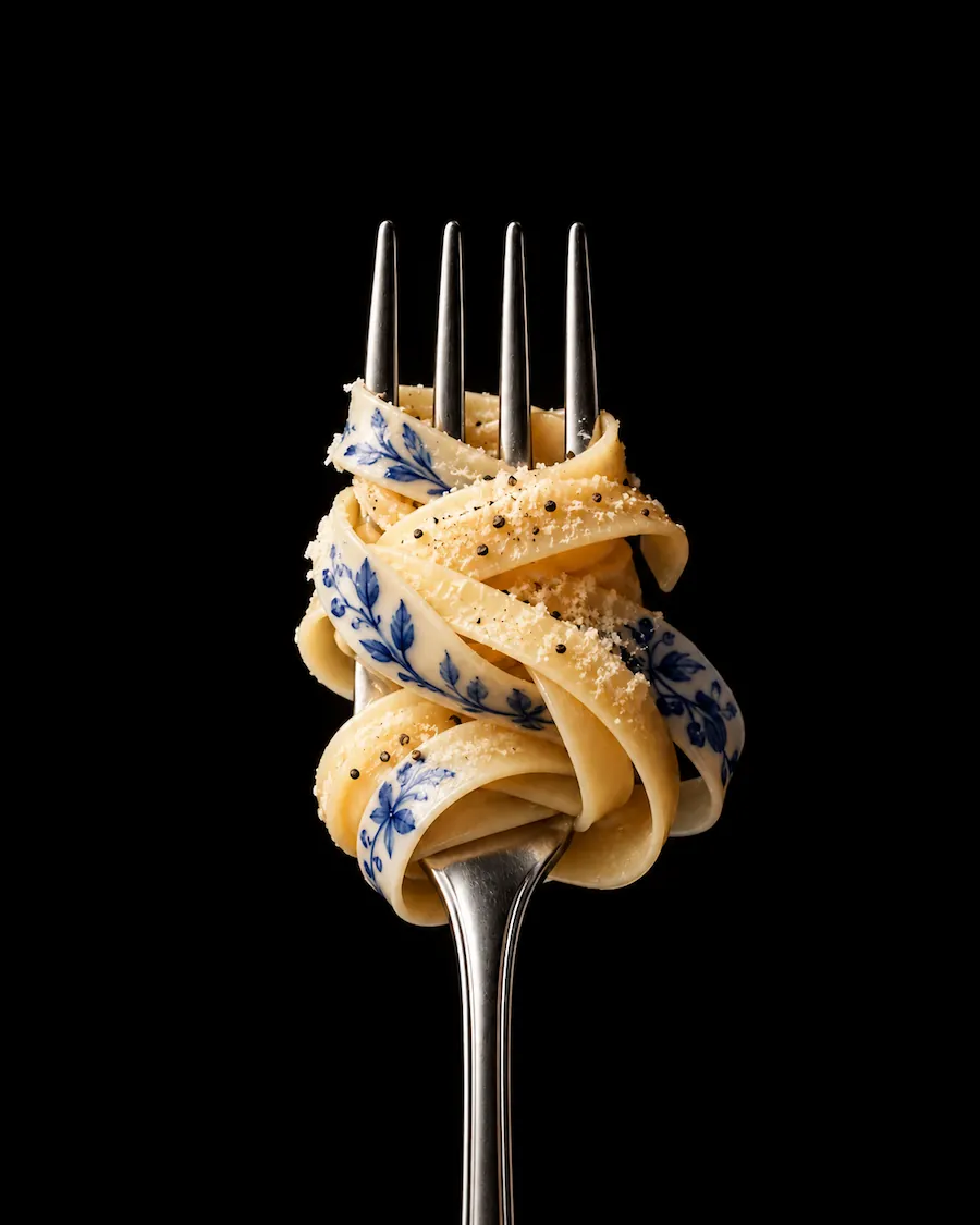 Pasta with blue floral patterns twisted around a fork against a black background.