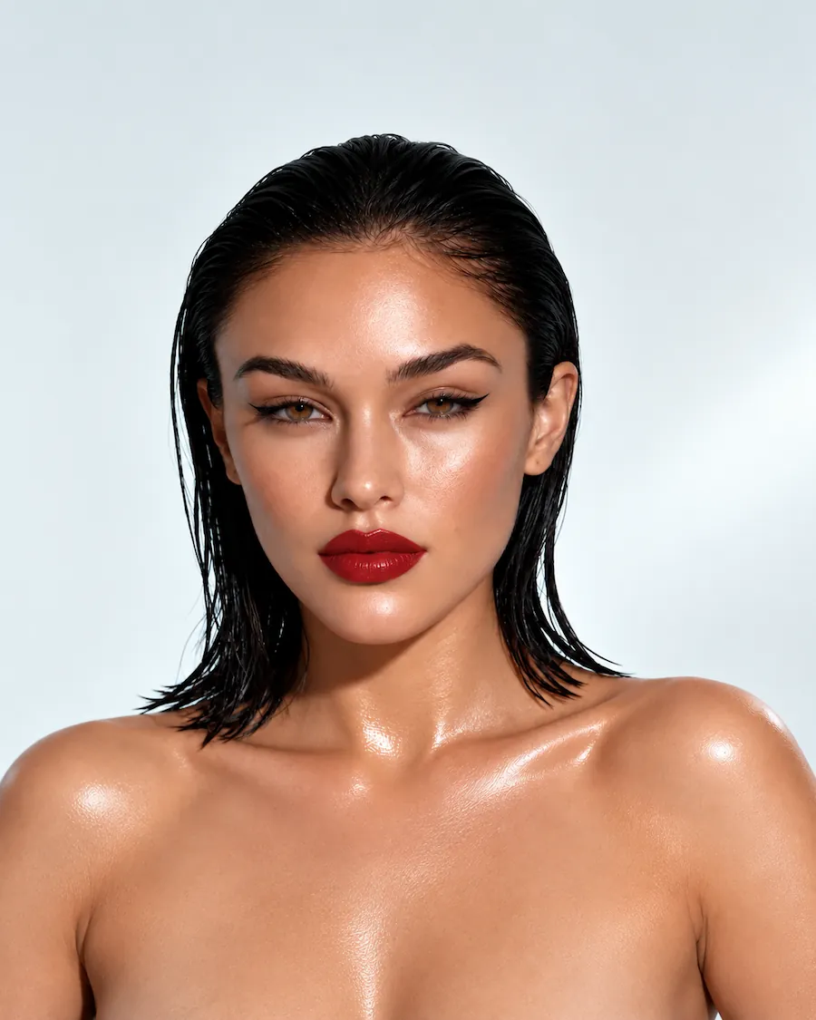 Front-facing beauty portrait of a woman with wet dark hair, luminous skin and red lips.