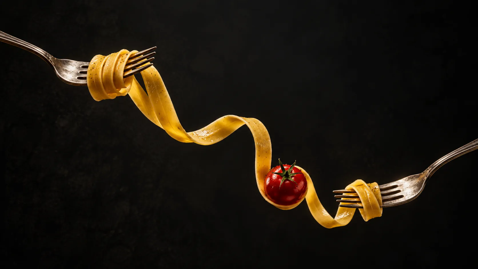 A ribbon of pasta winds between two forks around a cherry tomato against a black background.