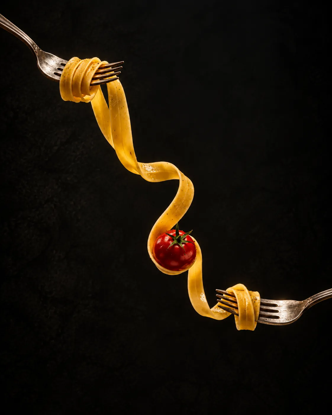 A ribbon of pasta winds between two forks around a cherry tomato against a black background.