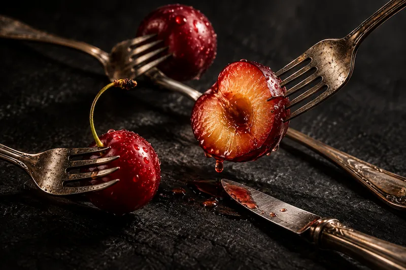 Red plums, including a sliced half, held on forks against a dark background.