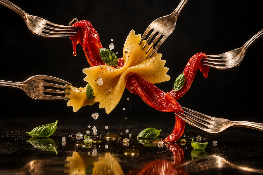 Farfalle pasta, red peppers and basil arranged between forks against a black background.