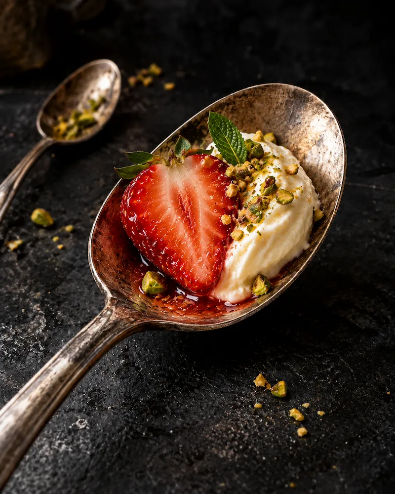 A strawberry and cream with chopped pistachios in a metal spoon.