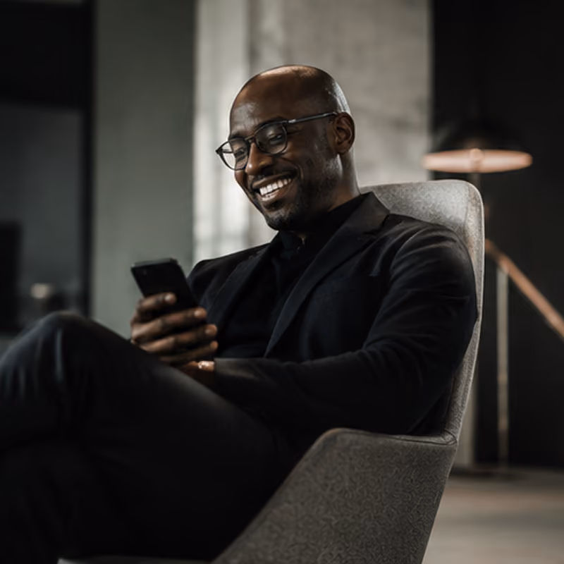 Smiling man wearing glasses and dark clothing sitting in a gray upholstered chair, looking at a smartphone in his hand in a modern office setting with a floor lamp in the background.
