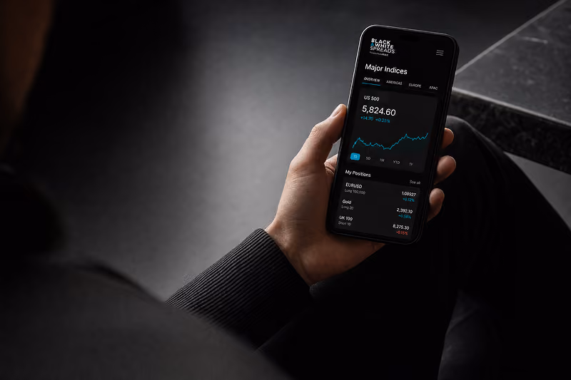 Person holding a smartphone showing a financial dashboard with major indices, a line graph, and positions in EUR/USD, Gold, and UK 300.
