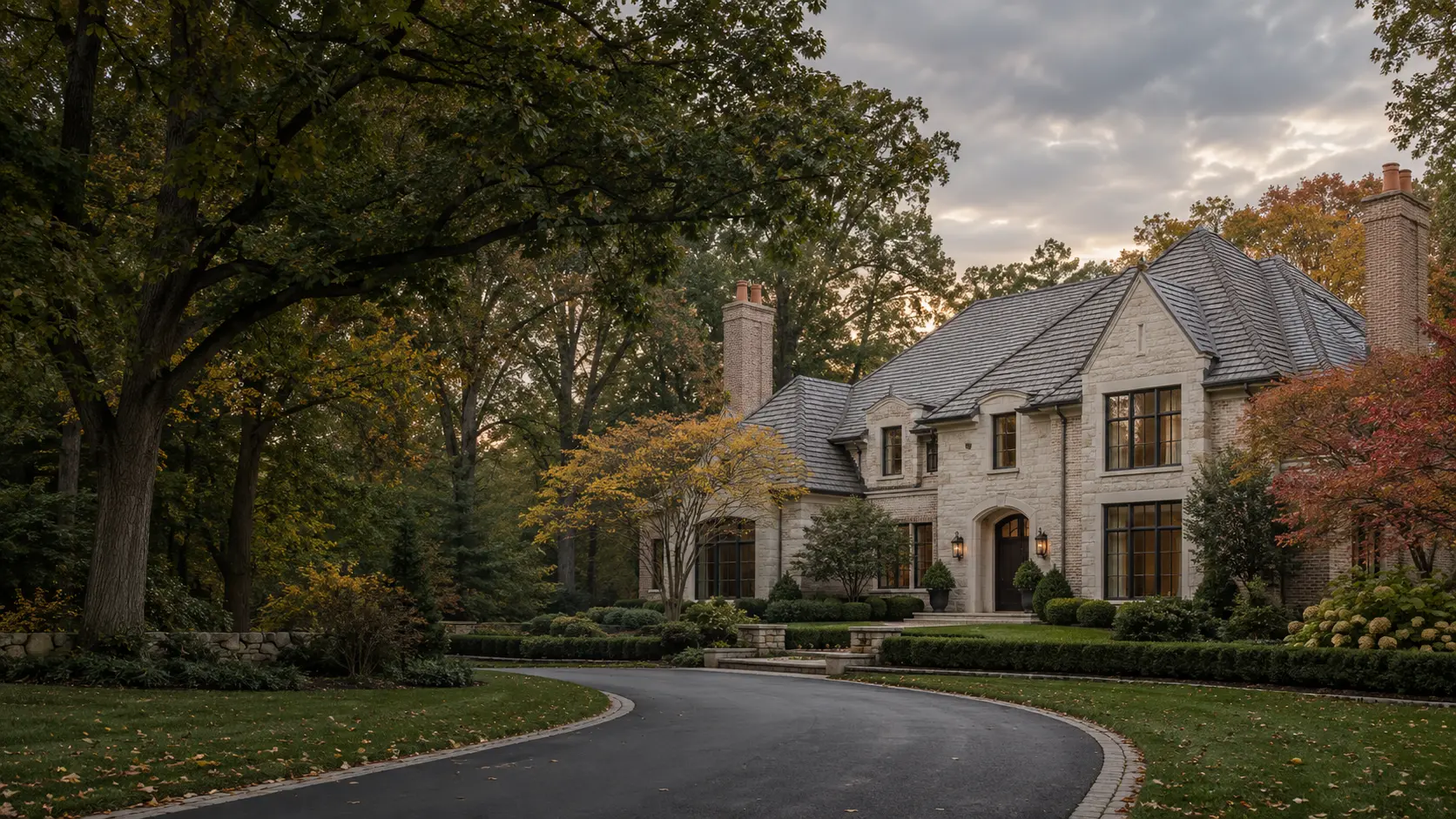 Burr Ridge–inspired luxury estate framed by mature trees on a spacious wooded lot